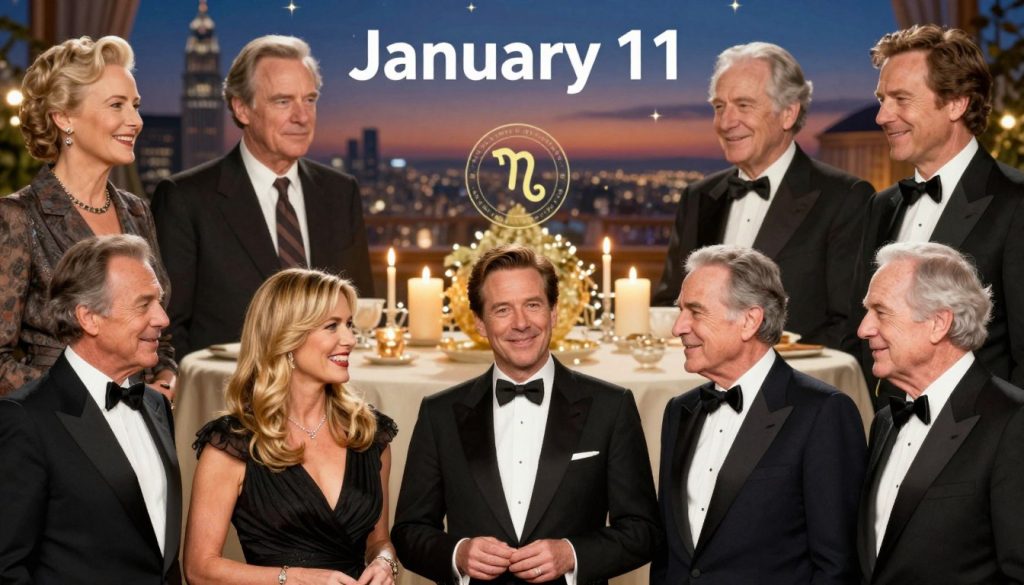A vibrant, artistic collage featuring famous individuals born on January 11, set against a softly lit background that suggests a sense of history and celebration. In the foreground, a diverse group of well-dressed iconic figures, including actor Kirstie Alley, singer/actor Dave Weckl, and poet Stephen Rea, stand together, engaged in conversation, smiling, and exuding charisma. The middle layer showcases an elegant table adorned with candles and symbols of astrology, reflecting their zodiac sign, Capricorn. In the background, subtle hints of a cityscape at dusk, with twinkling stars and a warm color palette that creates an inviting atmosphere. The composition should have a balanced, harmonious feel, emphasizing the legacy and influence these individuals have had. Use a soft focus lens effect to evoke nostalgia while ensuring each figure is clearly recognizable and adorned in professional attire.