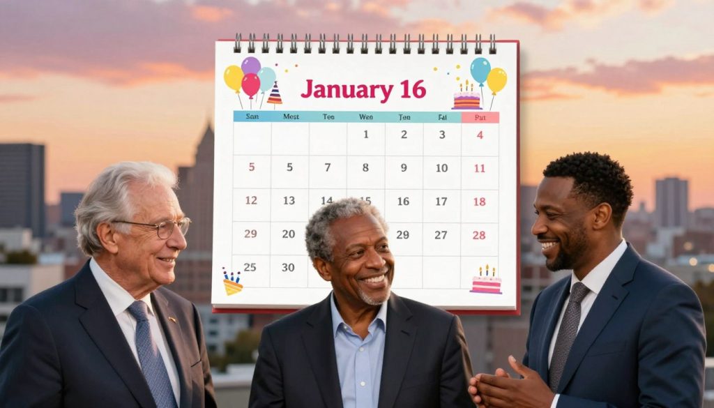 A vibrant, artistic collage representing notable birthdays on January 16. In the foreground, a diverse group of three historical figures from various fields—science, music, and activism—presented in professional business attire, smiling and engaging with each other. The middle ground features a beautifully detailed calendar page open to January 16, adorned with festive decorations symbolizing birthdays, such as balloons and cake. The background showcases a soft-focus cityscape bathed in warm golden hour sunlight, with the sky painted in hues of orange and pink, creating an uplifting atmosphere. The overall mood is celebratory and reflective, capturing the essence of significant life events. Use a depth of field effect to enhance focus on the foreground subjects, ensuring a harmonious blend of elements without text or watermarks.