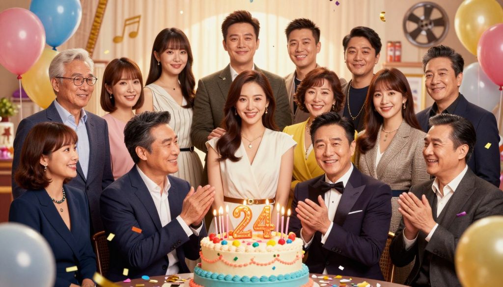 A vibrant celebration of February 24 birthday celebrities, showcasing a diverse group of famous individuals from various fields such as music, film, and sports. In the foreground, present a group of professional-looking figures dressed in elegant attire, smiling and interacting in a festive atmosphere. The middle ground features a colorful cake adorned with candles, surrounded by confetti and balloons, symbolizing a birthday celebration. In the background, softly blurred, include elements representing each celebrity's contributions, like musical notes, film reels, and sports equipment, bathed in warm, inviting lighting that creates a joyful and celebratory mood. The scene should evoke a sense of inspiration and recognition, with a slightly elevated angle to capture all elements harmoniously.
