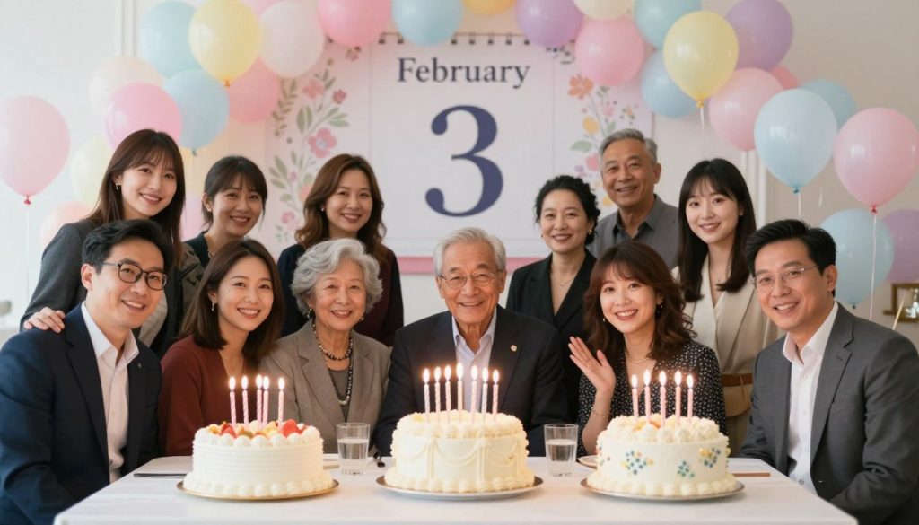 A vibrant celebration of notable birthdays occurring on February 3rd. In the foreground, a beautifully arranged table features elegant birthday cakes, each adorned with candles. On one side, a group of diverse, professionally dressed individuals, representing famous figures born on this date, poses with joyful expressions. The middle ground showcases a festive atmosphere filled with balloons and banners in soft pastel colors, creating a warm and inviting scene. In the background, a soft-focus image of a historical calendar page turned to February 3rd, with delicate floral patterns enhancing the overall theme. The lighting is bright and cheerful, emphasizing the celebratory mood, captured with a soft focus lens to add a dreamlike quality. The atmosphere radiates excitement and happiness, making it perfect for a memorable birthday celebration.