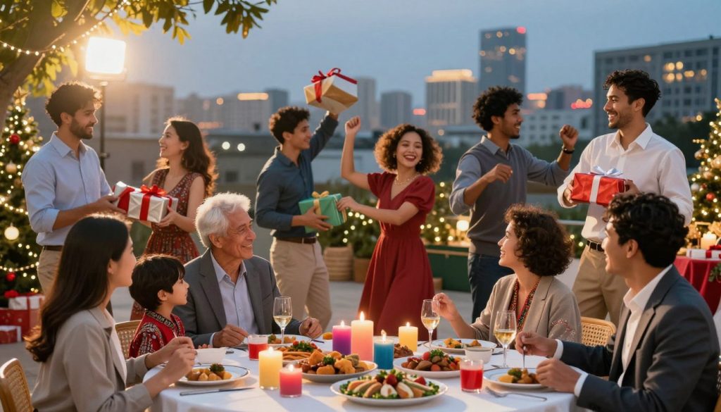 A vibrant celebration of special observances and holidays, featuring a diverse group of people of various ages and ethnicities dressed in professional business attire and modest casual clothing. In the foreground, a joyful family gathers around a table adorned with festive decorations, including colorful candles and traditional dishes from different cultures. The middle ground features friends exchanging gifts and participating in various holiday activities, such as dancing and playing games, showcasing unity and joy. In the background, a cityscape at dusk illuminated by warm lights adds to the atmosphere, with light rays filtering through the trees. The overall mood is festive and uplifting, capturing the essence of unique celebrations across cultures. Soft, golden lighting enhances the scene, creating a cheerful ambiance.