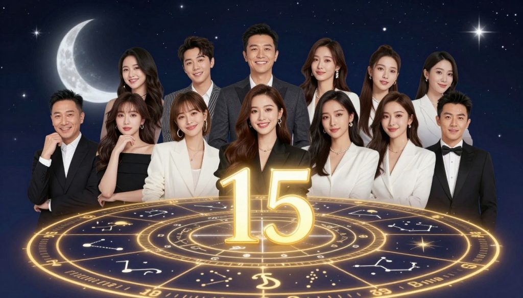 A vibrant, celebratory scene showcasing a celestial theme for February 15 celebrity birthdays and horoscopes. The foreground features a stylish astrological chart filled with zodiac symbols and constellations, elegantly illuminated by soft, golden light. In the middle, a collage of diverse, professionally dressed celebrity figures, from various backgrounds, positioned around the astrological chart, each appearing joyful and reflective. The background reflects a dreamy night sky dotted with twinkling stars and a crescent moon, casting a serene ambiance. Utilize a wide-angle lens to create depth and enhance the celestial atmosphere. The image should evoke a sense of wonder and celebration, perfect for an engaging overview of notable birthdays and their astrological significance.