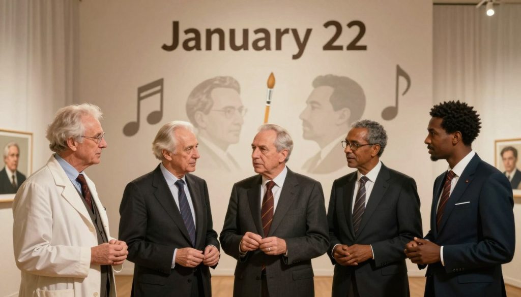 A vibrant collage featuring a diverse group of iconic figures born on January 22, showcasing them in a gallery-like setting. In the foreground, prominent historical figures such as a scientist, an artist, and a sports legend, all dressed in professional business attire, are engaging in discussions or showcasing their work. In the middle ground, a subtle blend of abstract representations of their achievements, like musical notes for musicians and paintbrushes for artists, adds depth. The background features soft, warm lighting and elegant drapes, creating an inviting atmosphere. A gentle spotlight highlights each figure, casting soft shadows that evoke a sense of inspiration and celebration of their legacies. The overall mood is uplifting and educational, inviting the viewer to appreciate the impact of these individuals.