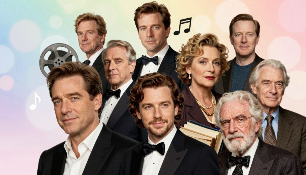 A vibrant collage featuring famous individuals born on March 1, including iconic figures from various fields such as music, film, and literature. In the foreground, elegantly dressed portraits of a renowned actor, a celebrated musician, and a notable author are blended together. The middle layer showcases symbolic elements representing their contributions, like film reels, musical notes, and books. In the background, a soft bokeh effect creates a dreamy atmosphere with pastel colors, hinting at celebration. Natural lighting illuminates the subjects, with a slight warm tint to enhance the mood of nostalgia and admiration. The angle is slightly elevated, creating a dynamic perspective that draws the viewer into the legacy of these influential figures while maintaining a classy and professional feel.