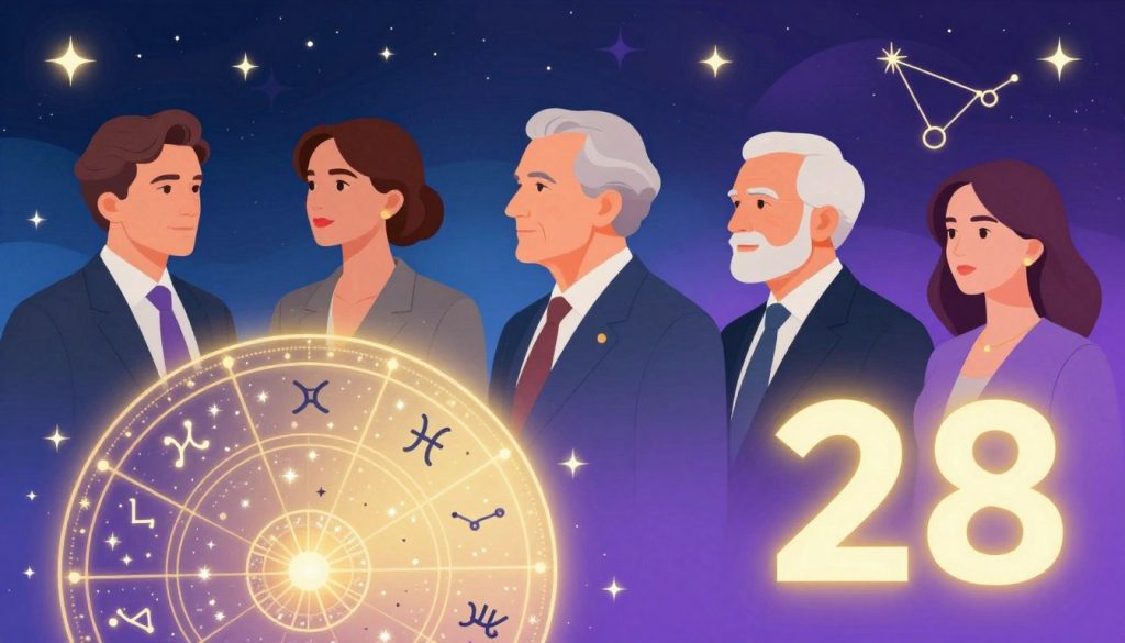A vibrant collage highlighting notable birthdays and zodiac trends for February 28. In the foreground, an astrological chart displays the symbols and constellations of Pisces and other zodiac signs, glistening with star-like sparkles. In the middle, elegantly illustrated profiles of famous historical figures born on this date, depicted in professional business attire against a soft gradient of blue and purple hues. In the background, a dreamy night sky filled with twinkling stars and zodiac imagery, enhancing the celestial theme. Warm, glowing lighting casts a serene and celebratory atmosphere over the entire scene, inviting a sense of wonder and reflection. The angle showcases depth and encourages viewers to explore the connections between the figures and their zodiac influences.