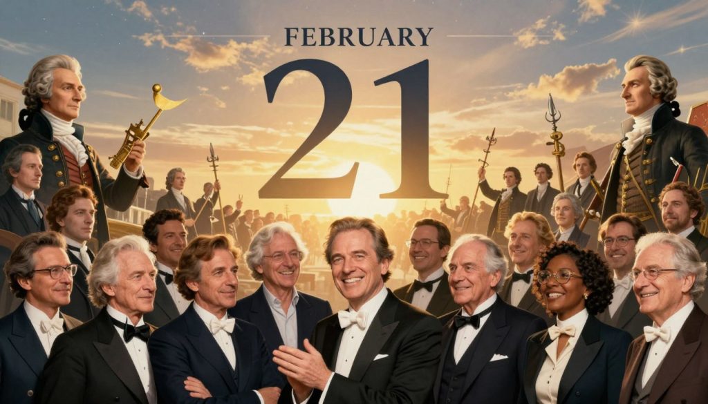 A vibrant collage illustrating significant historical events and remarkable birthdays for February 21st. In the foreground, a diverse group of celebratory figures in professional attire, representing famous personalities born on this day—such as composers and innovators—smiling and engaging with their surroundings. The middle layer features iconic historical moments, like a scene depicting a major event from history dated February 21, artistically rendered, capturing the energy and impact of the moment. The background showcases a soft, warm glow from a golden sunrise, symbolizing hope and new beginnings, while hints of a starry sky peek through, representing astrological themes for the day. The atmosphere is lively and inspiring, evoking a sense of celebration and reflection.