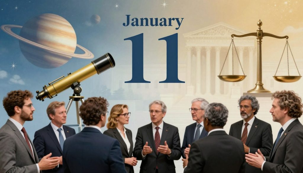 A vibrant collage of key historical events that occurred on January 11, featuring significant moments like the discovery of a new planet, a landmark Supreme Court ruling, and the birth of a renowned artist. In the foreground, a diverse group of people in professional attire, representing various disciplines, engaged in animated conversation about these milestones. The middle ground displays iconic imagery, such as a classic representation of a telescope and the scales of justice, symbolizing scientific and legal achievements. The background is adorned with a soft gradient of blues and golds, infused with soft light to evoke a sense of inspiration and reflection. The atmosphere is dynamic yet respectful, capturing the essence of celebration and remembrance.