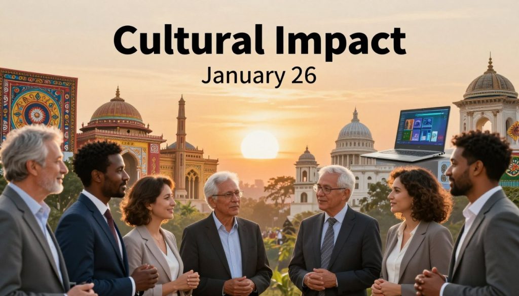 A vibrant collage representing the concept of "Cultural Impact" on January 26. In the foreground, a diverse group of people of various ethnicities and ages engage in conversation, dressed in professional business attire, showcasing unity and collaboration. In the middle ground, iconic cultural symbols from around the world, such as traditional art pieces, historical landmarks, and modern technology, blend harmoniously. The background features a soft sunrise, symbolizing new beginnings, with warm golden and orange hues illuminating the scene, creating an uplifting atmosphere. The composition should be framed with a slightly angled perspective to provide depth, with a focus on the expressions of hope and connection among the people, reflecting the day’s significance and modern relevance.
