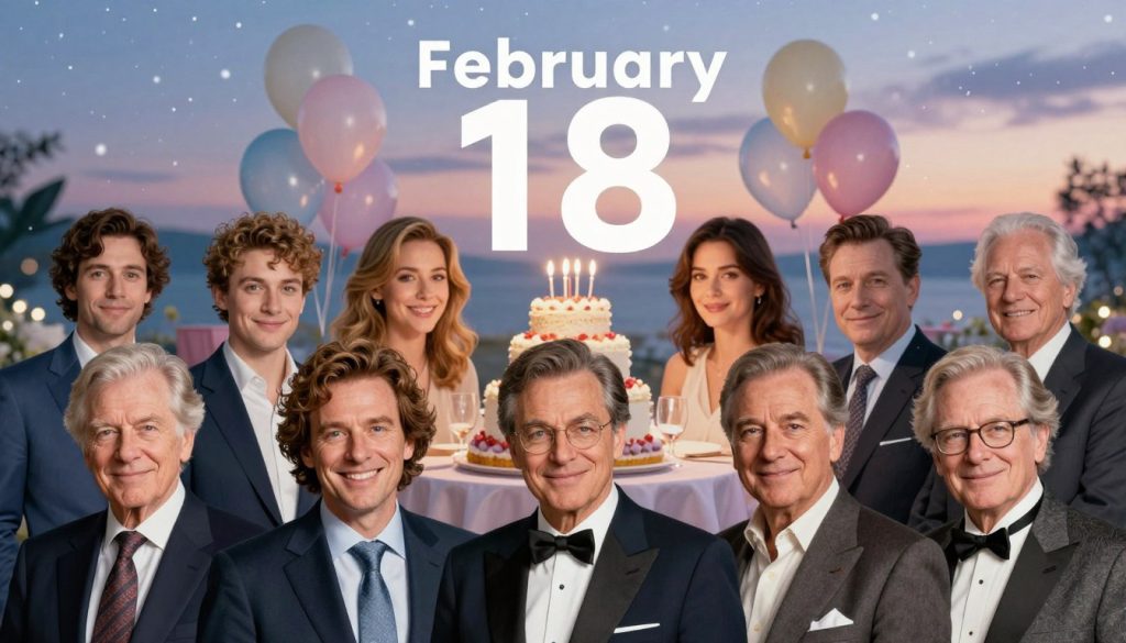 A vibrant collage showcasing notable birthdays on February 18, 2026. In the foreground, elegant portraits of famous individuals who share this date, such as musicians, actors, and historical figures, each depicted in professional business attire. Transitioning to the middle ground, a soft-focus depiction of a festive birthday celebration, complete with balloons and a cake, illuminated by warm, inviting lighting. The background features a dreamy landscape representative of February, with gentle snowflakes falling against a twilight sky, conveying a sense of nostalgia and celebration. The overall mood is festive yet reflective, inviting viewers to appreciate the significance of this day in history. Use a lens effect to create a slight bokeh in the background, emphasizing the foreground details, with a balanced composition that maintains clarity and focus on the portraits.