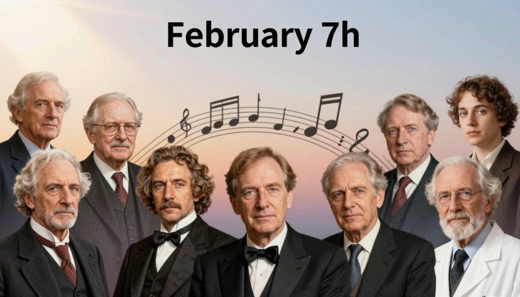 A vibrant collage showcasing notable individuals born on February 7th throughout history, set against a soft gradient background symbolizing the dawn of a new day. In the foreground, feature portraits of a diverse group of these figures, including a prominent musician, a revolutionary leader, and an influential scientist, each depicted in professional attire to convey their achievements. In the middle ground, an abstract representation of their respective contributions—musical notes, scientific symbols, and elements of social change—intertwined gently to create a cohesive scene. Natural daylight filters in from the top left, casting a warm glow on their portraits, highlighting a mood of inspiration and celebration. The composition balances clarity with artistic flair, ensuring the focus remains on the richness of history and talent associated with this date.