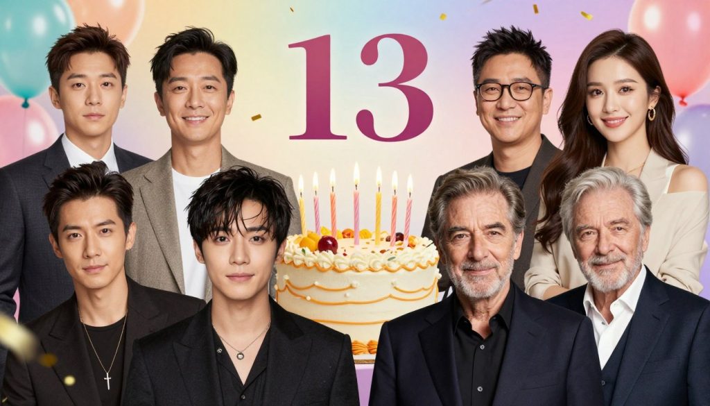 A vibrant collage showcasing the celebrity birthdays of January 13. In the foreground, a tasteful arrangement of celebrated figures like an actor, a musician, and a renowned author, all dressed in elegant, professional attire, smiling and posing together. Their faces should be recognizable but not specific, maintaining a general likeness. In the middle ground, a festive birthday cake adorned with candles and decorations symbolizes the celebration, surrounded by shimmering confetti. The background features a soft, bright gradient of colors, evoking a joyful atmosphere, with subtle hints of balloons drifting upward. The lighting should be warm and inviting, creating a celebratory mood, as if capturing a joyful moment in a party setting. The lens used should give a slight bokeh effect on the background, emphasizing the foreground figures.