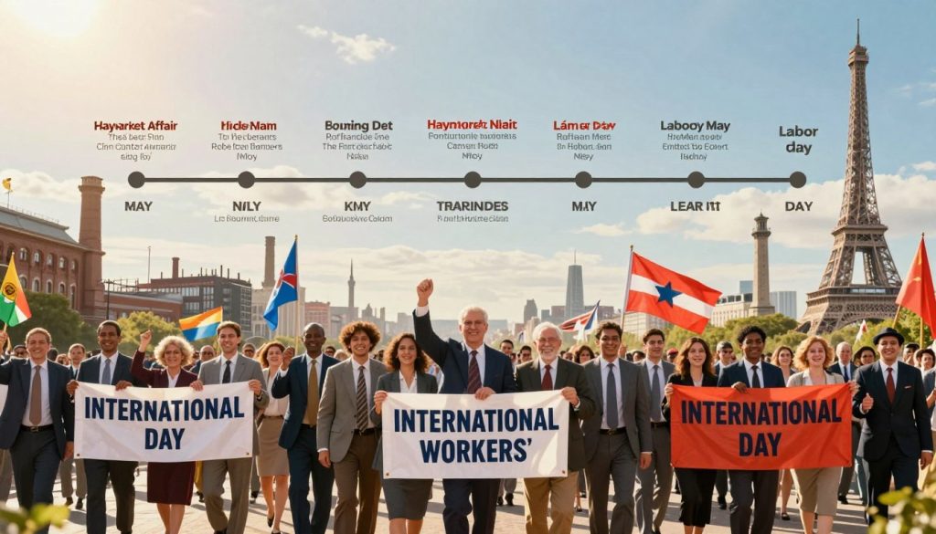 A vibrant historical collage depicting significant May 1st events through the ages. In the foreground, a diverse group of people in professional business attire celebrates International Workers' Day, holding banners and flags, symbolizing unity and labor rights. In the middle, an illustrated timeline showcasing key milestones, including the Haymarket Affair and the founding of the first of May as Labor Day, subtly embedded in the background. The atmosphere is lively and inspiring, with warm sunlight illuminating the scene, creating a sense of hope. The background features iconic landmarks from different eras, such as the Eiffel Tower and early industrial factories, blending smoothly into a bright sky. Shot with a wide-angle lens to capture the expansive scene, the image should evoke a sense of progress and community spirit throughout history.