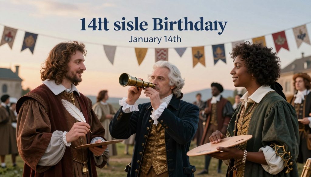 A vibrant historical scene capturing January 14th's notable birthdays throughout the ages. In the foreground, a diverse group of three figures representing famous individuals born on this day, dressed in elegant historical attire from different eras — a Renaissance philosopher with a quill, a 19th-century scientist holding a telescope, and a contemporary artist with a palette, all engaged in a dynamic discussion. In the middle ground, hints of significant historical events occurring on January 14th, such as celebration banners and softly suggested historical landmarks. The background features a softly illuminated sky transitioning from dawn to daylight, symbolizing the passage of time. The mood is uplifting and celebratory, conveying a sense of discovery and reverence. Soft, diffused lighting combined with a slight vignette effect draws the viewer's focus to the foreground characters.