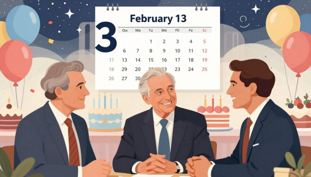 A vibrant, illustrated collage showcasing notable individuals born on February 13th, depicted in a respectful and professional manner. In the foreground, three figures in smart business attire, symbolizing historical and contemporary figures, are engaged in conversation, smiling and celebrating their shared birthdate. In the middle ground, a diverse array of birthday-themed elements such as balloons, cakes, and balloons softly floating, with subtle hints of confetti creating a festive atmosphere. The background features a calendar page prominently displaying “February 13” with elements of a starry sky and zodiac symbols to reflect the connection to horoscopes. Soft, warm lighting enhances the celebratory mood, and the composition is balanced with a slightly angled perspective to create depth and intrigue, making it suitable for an engaging historical section.