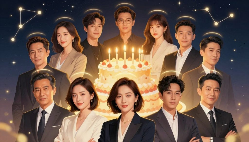 A vibrant illustration depicting a collection of famous celebrities born on January 29, artistically representing them in a circular arrangement. In the foreground, professional portraits of diverse individuals in stylish business attire, each with a subtle halo effect. The middle layer features a softly blurred birthday cake adorned with candles, hinting at celebration and festivity. In the background, a starry night sky with constellations representing the zodiac signs associated with January, casting a magical light over the scene. The overall mood is celebratory yet sophisticated, with warm golden lighting that enhances the celebratory atmosphere. The composition is balanced, drawing the viewer's eye toward the portraits while maintaining an elegant aesthetic.