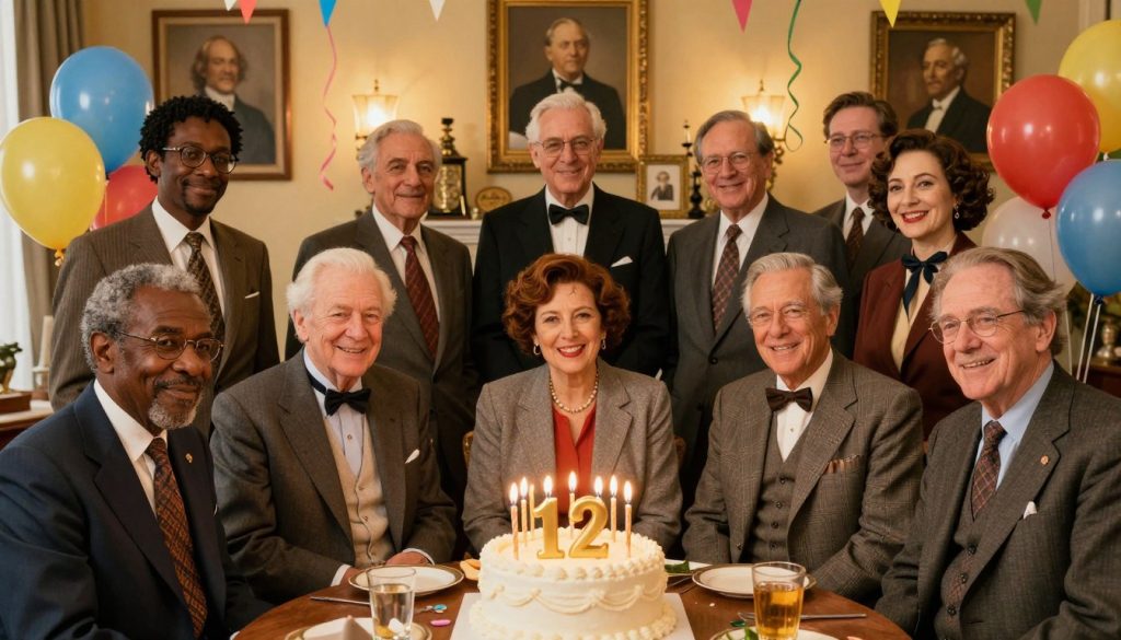 A vibrant scene depicting the celebration of notable birthdays on January 12. In the foreground, a diverse group of iconic historical figures, portrayed in professional business attire, are gathered in a festive atmosphere. Each person is uniquely styled to reflect their era, showcasing a blend of cultures and achievements. In the middle ground, a beautifully decorated cake with candles symbolizes celebration, surrounded by colorful balloons and streamers. The background features a cozy, warmly lit room, adorned with historical memorabilia and framed portraits of famous individuals born on this date. Soft, golden lighting bathes the scene, creating an inviting and nostalgic mood, while the angle captures the joyful expressions of the gathered figures, reflecting the essence of celebration and remembrance.