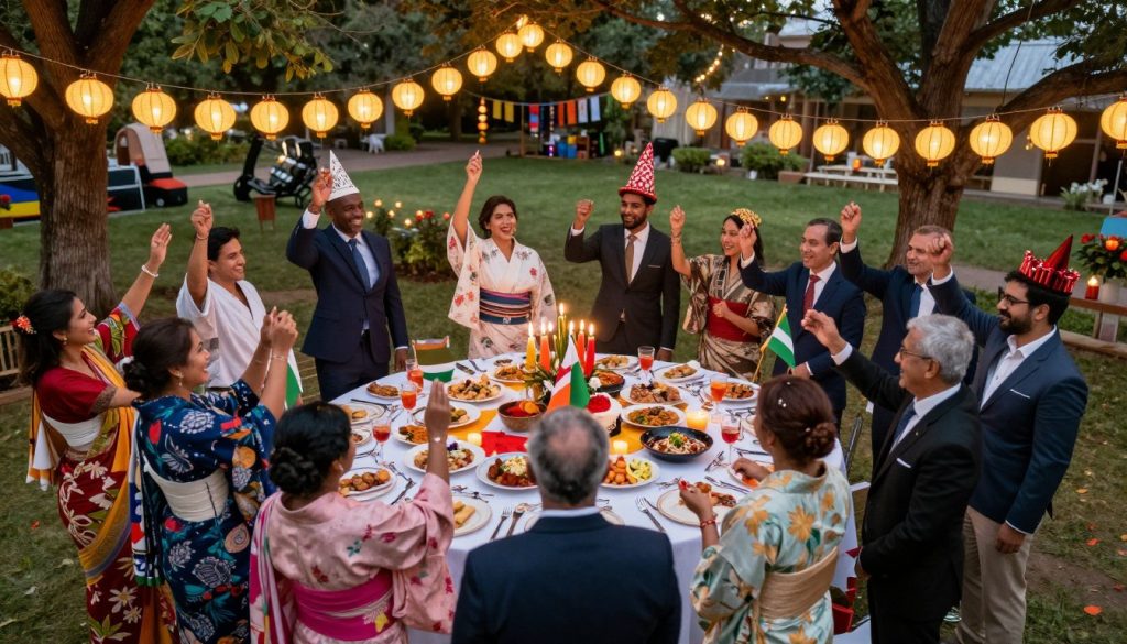 A vibrant scene depicting unique traditions and special holidays from around the world. In the foreground, a diverse group of individuals in professional attire celebrates, showcasing traditional clothing from their cultures—colorful saris, elegant kimonos, and festive hats. In the middle ground, a beautifully decorated festival table laden with authentic dishes and traditional symbols like candles and flags, representing various international festivities. In the background, a scenic landscape features lighted lanterns and banners strung across trees, with soft, warm lighting casting a welcoming glow. The mood is joyful and celebratory, inviting viewers to explore the richness of global traditions. Use a slightly elevated angle to capture the scene, adding depth and vibrancy to the festivities.