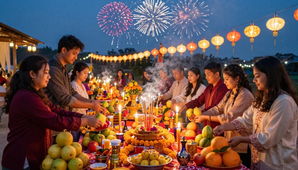 A vibrant scene of New Year cultural rituals and offerings, set in a beautifully decorated outdoor environment. In the foreground, a group of diverse individuals dressed in modest traditional clothing are engaged in a colorful ceremony, placing fruits, flowers, and symbolic items on a decorated altar. The middle ground features an array of candles and incense, filling the air with a warm glow and a sense of reverence. In the background, a festive landscape under a twilight sky, adorned with lanterns and fireworks, evokes celebration and joy. The lighting is soft, highlighting the warm colors of the offerings and faces of the participants. The atmosphere is joyful and spiritual, capturing the essence of hope and renewal for the New Year.