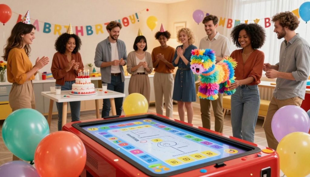 A vibrant scene showcasing a variety of interactive birthday games set in a festive atmosphere. In the foreground, colorful party elements like balloons and confetti surround an interactive touchscreen game featuring birthday trivia and puzzles. The middle ground features a group of diverse adults, dressed in smart casual attire, joyfully engaging in different birthday-themed activities, such as a cake-decorating contest and a piñata game. The background is filled with cheerful decorations, including a beautifully decorated birthday cake and a banner that reads "Happy Birthday!" Soft, warm lighting illuminates the space, creating an inviting and celebratory mood. The scene captures the essence of fun and camaraderie found in birthday celebrations.