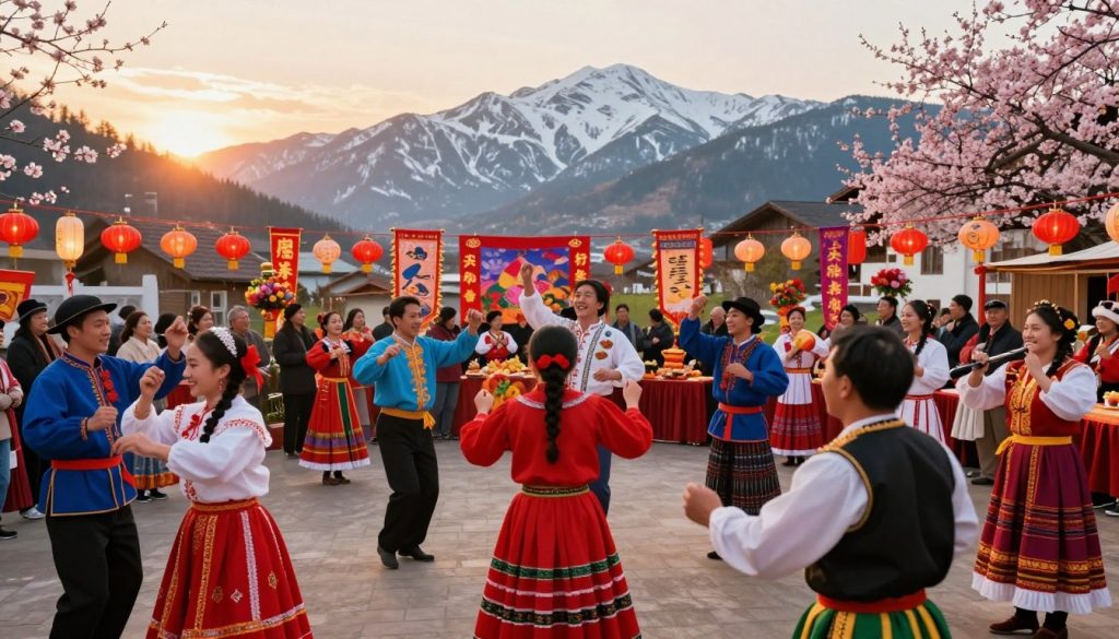 A vibrant scene showcasing various cultural celebrations taking place in February around the world. In the foreground, a diverse group of individuals dressed in colorful traditional garments, symbolizing different cultures, engage in joyful activities—dancing, playing musical instruments, and sharing festive foods. The middle ground features decorative elements like lanterns, floral arrangements, and intricate banners representing historical festivities, such as Lunar New Year and Carnival. In the background, a picturesque landscape with snow-capped mountains and blooming cherry blossoms sets the scene, bathed in soft, warm lighting, as the sun begins to set, casting a golden glow. The atmosphere is festive and reflective, capturing the essence of cultural traditions and historical connections. Focus on a wide-angle perspective for an inviting and immersive view.