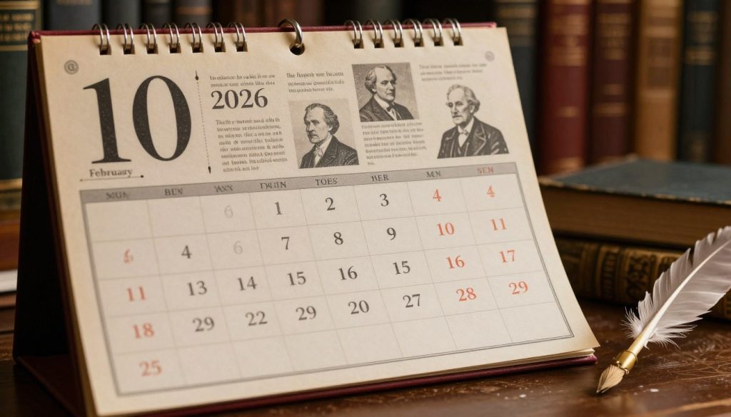 A vintage-style calendar page displaying February 10, 2026, prominently featuring historical insights and notable events on this date. The foreground includes an elegant calendar fold with intricate designs, highlighting the day clearly. In the middle ground, small vignettes of historical figures born on this date and significant events, illustrated as silhouettes or subtle sketches, blend seamlessly into the background. The atmosphere is warm and nostalgic, with soft lighting that casts gentle shadows, reminiscent of an old library filled with knowledge. A desk setup with antique books and a quill pen in the bottom right corner evokes a scholarly feel, inviting viewers to explore the rich history behind the date. Deep, rich colors enhance the depth and invite contemplation.