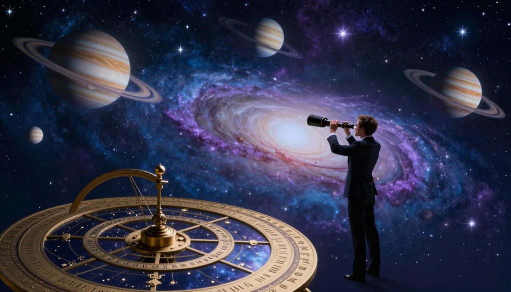 A visually captivating astrological forecast scene, featuring the night sky adorned with twinkling stars and prominent planetary bodies like Jupiter, Saturn, and Venus. In the foreground, an elegantly designed astrolabe reflects the intricate interplay of celestial movements. The middle ground showcases a mystical figure, dressed in professional business attire, skillfully studying the stars through a telescope, creating an air of professionalism and insight. The background unfolds into a mesmerizing cosmic landscape, with swirling galaxies and nebulae in deep blues and purples, illuminated by soft, ethereal lighting. The atmosphere is serene yet filled with wonder, capturing the essence of astrology and cosmic influence. The perspective is slightly elevated, providing a panoramic view of the celestial tableau, evoking a sense of exploration and introspection.