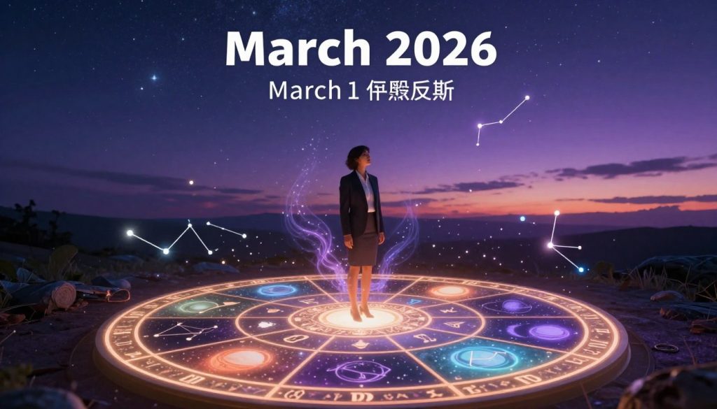 A visually captivating celestial scene representing a yearly horoscope forecast for March 1, 2026. In the foreground, a circular zodiac wheel adorned with intricate astrological symbols glows softly under a starlit sky. Each symbol radiates a unique color, illuminating a cosmic landscape filled with shimmering constellations and planets. In the middle ground, a serene figure, dressed in elegant business attire, gazes thoughtfully at the zodiac wheel, surrounded by ethereal wisps of astrological energy. The background features a breathtaking sunset blending hues of deep indigo and violet, with twinkling stars beginning to appear. The overall atmosphere is mystical and inspiring, evoking curiosity and calm. Soft lighting highlights the details of the zodiac signs while casting gentle shadows, creating a harmonious blend of astrology and nature.