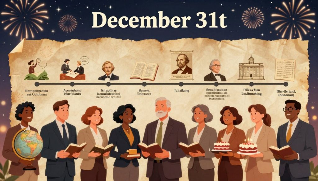 A visually captivating illustration depicting significant historical events and famous birthdays on December 31st. In the foreground, a diverse group of individuals dressed in professional business attire celebrating these milestones, holding items symbolizing different notable events, such as a vintage globe, classic books, and a birthday cake. In the middle ground, a timeline showcasing iconic moments from history, like the signing of important treaties or famous speeches, artistically rendered in a parchment-like style. The background features a starry night sky with fireworks, creating a festive atmosphere. Soft, warm lighting illuminates the scene, capturing a sense of nostalgia and celebration, angled slightly upward to emphasize the grandeur of the events depicted. Evoke a feeling of reflection and joy, highlighting the importance of December 31st in history.