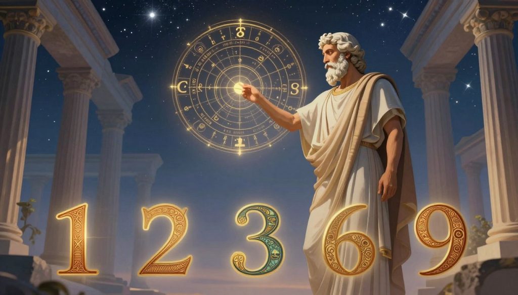 A visually captivating illustration of Pythagorean numerology, showcasing the mystical significance of numbers. In the foreground, prominently feature large, intricately designed numerals 1 through 9, each embellished with ornate patterns and symbols representing their unique meanings. The middle ground should include a stylized depiction of Pythagoras, a bearded philosopher in traditional ancient Greek attire, intently studying a celestial sphere or a numeric chart. In the background, an ethereal starry sky and the faint outline of ancient columns create a sense of depth and history. Soft, ambient lighting casts gentle shadows, enhancing the mysterious atmosphere, while a slight golden hue suggests enlightenment and knowledge. Capture this in a balanced composition with a slight upward angle to evoke inspiration and curiosity.