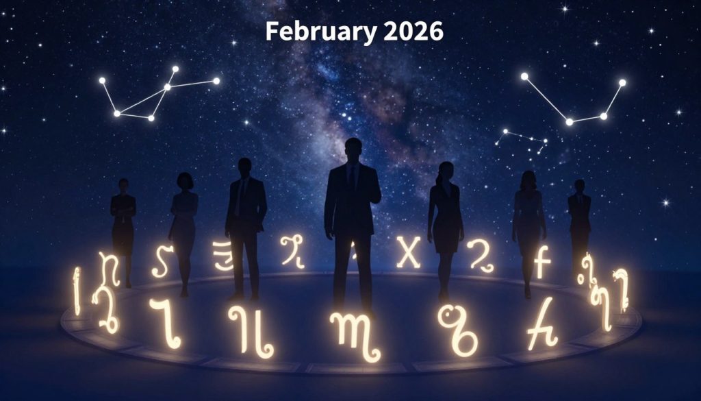 A visually captivating representation of famous birthdays and zodiac signs compatibility for the date of February 2, 2026. In the foreground, twelve zodiac symbols elegantly arranged in a circular formation, each symbol glowing softly to illustrate their unique traits. The middle layer features silhouettes of well-known figures celebrating their birthdays, wearing professional business attire, and embodying the essence of their zodiac signs. The background is a starry sky with constellations subtly highlighted to relate to each sign, casting a mystical glow on the scene. The lighting is soft and dreamy, evoking a sense of wonder and intrigue. Utilize a wide-angle lens to capture the full arrangement, enhancing the cosmic connection with zodiac elements interspersed artistically throughout the image.