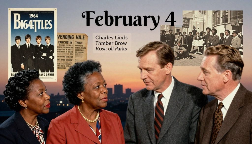 A visually engaging collage representing significant historical events and notable birthdays on February 4. In the foreground, a vibrant depiction of influential figures born on this date, such as Rosa Parks and Charles Lindbergh, in professional attire, sharing a moment of reflection. The middle layer includes key historical events, illustrated with vintage-style elements, like a 1964 Beatles concert poster and an iconic civil rights movement scene. The background features a soft gradient of dusk colors symbolizing the passage of time, illuminated by warm, soft lighting to create an inviting atmosphere. The composition should evoke curiosity and nostalgia, encouraging viewers to explore the rich tapestry of history associated with February 4. The image should be realistic with a slight artistic flair, captured from a slight aerial angle to encompass all layers effectively.
