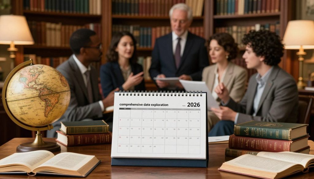 A visually engaging collage representing the concept of "comprehensive date exploration." In the foreground, feature an elegant desk with a calendar open to January 21, 2026, surrounded by historical artifacts such as an antique globe, a collection of famous biographies, and open astrology books. In the middle ground, a diverse group of individuals in professional attire eagerly discussing important historical events, birth dates of notable figures, and horoscopes for the day. The background should depict a warm, inviting library atmosphere, lined with shelves of books and a soft glow from vintage lamps, creating a scholarly mood. Use soft, natural lighting to enhance the sense of discovery and curiosity, focusing on rich textures and colors to draw viewers into this captivating exploration of history and personal relevance.