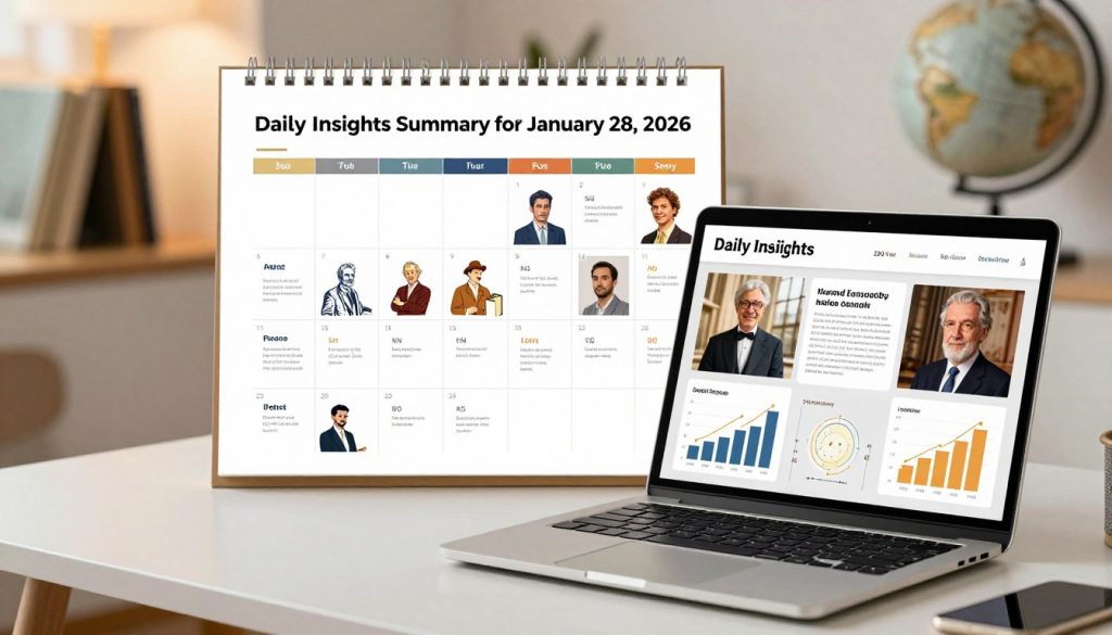 A visually engaging digital collage representing "Daily Insights Summary for January 28, 2026." In the foreground, a sleek, modern desk featuring a laptop with graphs and historical images displayed on the screen, symbolizing data insights. In the middle ground, a calendar page flipped open to January 28, 2026, showcasing notable historical events and birthdays, illustrated with iconic imagery relevant to those occasions. The background features soft, warm lighting with books and a globe, creating an inviting workspace atmosphere. The mood should be reflective and informative, encouraging curiosity about the day’s historical significance, personal milestones, and horoscopes, all captured without any text or distractions. The image must be suitable for a professional article setting.