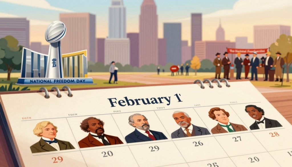 A visually engaging illustration depicting significant historical events and famous birthdays that occur on February 1st. In the foreground, feature a detailed antique calendar page to symbolize the date, adorned with stylized portraits of notable figures like Clara Zetkin, Langston Hughes, and others, dressed in professional business attire. In the middle ground, show historical vignettes, such as scenes from significant events like the first Super Bowl and the establishment of the National Freedom Day, each rendered with a subtle artistic flair. The background should include a soft, blurred city skyline representing time and progress, bathed in warm afternoon light to create an inspiring atmosphere of reflection and celebration. The overall mood should be informative yet uplifting, inviting the viewer to explore the rich history associated with February 1st.