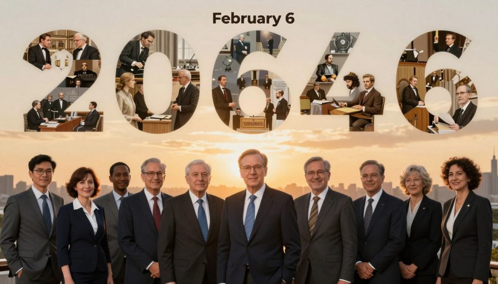A visually striking collage capturing significant historical events and notable birthdays that occurred on February 6 throughout history. In the foreground, a diverse group of people dressed in professional business attire, each representing a famous figure born on this day, stands together in a warm, inviting atmosphere. The middle section showcases iconic images or symbols of key historical events, such as a depiction of the signing of important treaties or scientific advancements, elegantly arranged in a harmonious flow. The background features a soft sunset, casting golden light over the scene, creating a reflective and celebratory mood. The entire composition is illuminated with gentle, diffused lighting, creating a sense of importance and reverence for history. Capture this scene with a wide-angle lens to emphasize both the individuals and the events they represent.