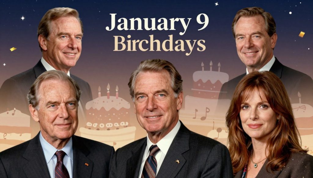 A visually striking collage showcasing notable birthdays on January 9, with famous figures like Richard Nixon, Dave Weckl, and Kate Bush. In the foreground, prominently feature elegant portraits of these individuals in professional attire, each surrounded by subtle representative elements related to their accomplishments, such as a presidential seal for Nixon or musical notes for Bush. In the middle ground, place soft, translucent symbols like birthday cakes and candles, blending seamlessly into the scene. The background should be a serene blend of starry night skies with a hint of celebratory confetti, conveying a festive yet respectful atmosphere. Use warm, inviting lighting to illuminate the portraits, and a slight vignette effect to draw attention to the foreground. The overall mood should feel both celebratory and historical, focusing on the significance of these remarkable lives.
