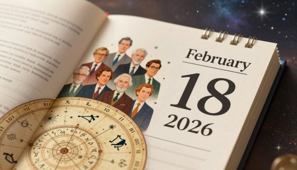 A visually striking composition featuring an open calendar page highlighting February 18, 2026, artistically designed with astrological symbols surrounding it. In the foreground, a vintage-style astrological chart with intricate celestial designs, possibly including zodiac signs and constellations, blends harmoniously into the scene. In the middle, a collection of notable historical figures from various fields such as science, art, and politics, illustrated in professional business attire, symbolizing their contributions. The background depicts a soft cosmic landscape with subtle twinkling stars and a gentle nebula, conveying a sense of wonder and exploration. The lighting is warm and inviting, creating a nostalgic yet uplifting atmosphere, as if inviting the viewer to delve into the past and future.