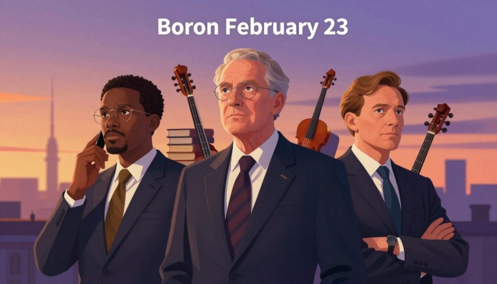 A visually striking illustration depicting notable personalities born on February 23. In the foreground, a diverse group of three influential figures, each in professional business attire, positioned in a dynamic and engaging arrangement to represent their legacy. The middle ground features symbolic elements related to their achievements, such as books, musical instruments, or scientific tools, subtly placed to enhance the narrative. In the background, a soft gradient of twilight colors transitions from warm oranges to deep purples, suggesting a sense of contemplation and history. The lighting should be warm and inviting, casting gentle shadows to create depth and focus on the personalities. The overall atmosphere communicates reverence and celebration of their contributions to society, evoking curiosity and inspiration.