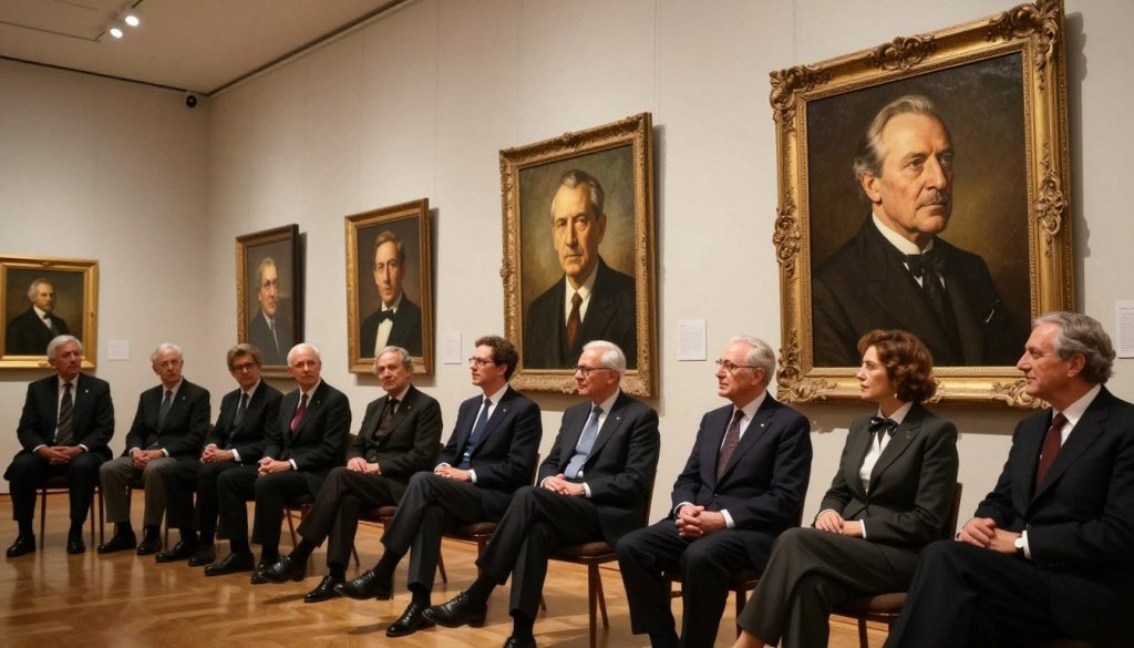 A visually striking tribute to iconic figures born on January 20th, arranged in a spacious gallery setting. In the foreground, a dignified representation of a diverse group of famous individuals from various fields—politics, entertainment, science—each clad in elegant business attire, engaging in conversation or reflecting thoughtfully. In the middle ground, large, ornate frames showcase their portraits, rendered in various artistic styles to reflect their unique contributions. The background features soft, ambient lighting that creates a warm, celebratory atmosphere, enhancing the prestige of the subjects. The angle captures the gallery from slightly below eye level, emphasizing the height and grandeur of the art, inviting viewers into a moment of reflection about their legacies and achievements.