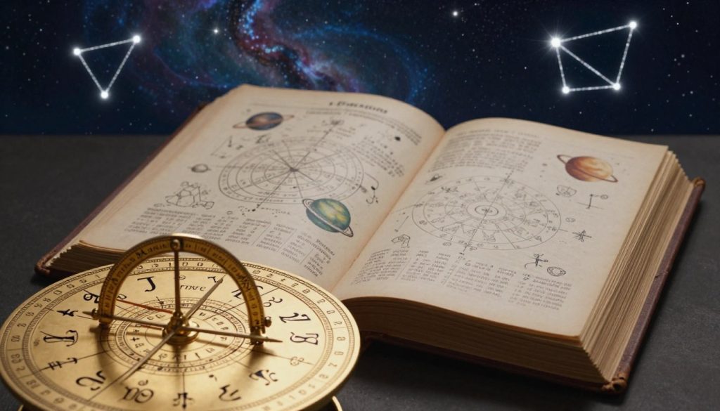 An intricate and enchanting visualization of astrological insights and numerology, focusing on the date February 15. In the foreground, a beautifully designed astrolabe gleams under soft, warm lighting, with symbols of the zodiac and numbers elegantly inscribed on its surface. In the middle ground, an open, vintage leather-bound book reveals celestial charts and numerology calculations, the pages adorned with artistic illustrations of planets and constellations. The background is a starry night sky with swirling nebulas and bright constellations, creating a mystical atmosphere. The overall mood is contemplative and ethereal, inviting viewers to explore the deeper meanings of astrology and numerology. Use a balanced composition with a soft focus to accentuate the details, ensuring clarity and visual harmony.