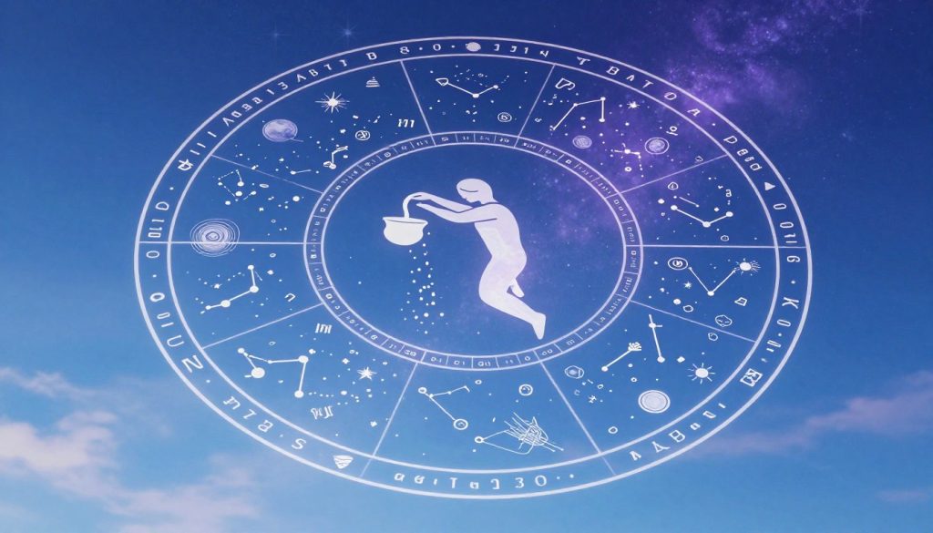 An intricately detailed astrology chart representing the Aquarius zodiac sign, featuring the symbol of the water bearer, a stylized figure pouring water from a vessel. In the foreground, a clear blue sky with subtle hints of clouds enhances the celestial theme. The middle section showcases an elaborate circular astrology chart filled with astrological symbols, planets, and constellations, ideally in a combination of soothing blues and purples. In the background, faint starry patterns twinkle, creating a cosmic atmosphere. The lighting should be soft and ethereal, highlighting the vibrancy and depth of colors. The mood is introspective and mystical, inviting viewers to delve into the astrological influences of Aquarius. The angle is slightly from above, providing a comprehensive view of the chart without any text or overlays.