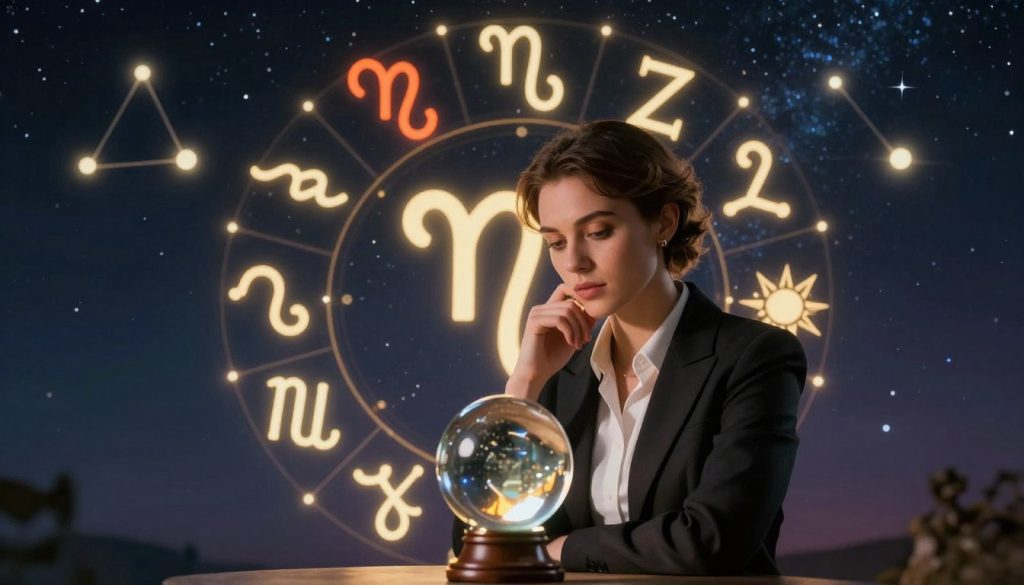 January 9 personality traits illustrated through a captivating scene: in the foreground, an elegant and thoughtful individual, dressed in professional business attire, gazes contemplatively into a crystal ball, symbolizing insight and intuition. In the middle ground, a dynamic arrangement of zodiac symbols encircles the figure, including a vibrant Capricorn, reflecting ambition and practicality. The background features a starry night sky, with softly glowing constellations providing a serene and inspiring ambiance. The lighting is warm and inviting, casting gentle shadows that suggest depth. The mood is introspective and reflective, inviting viewers to explore the unique characteristics of January 9 personalities, embodying creativity, determination, and a touch of idealism. The composition should evoke a sense of wonder and curiosity about the traits associated with this date.